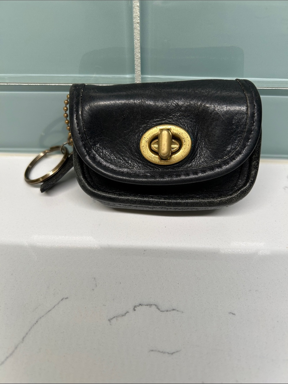 Coach Black Vintage Mini Charm & Key Chain Fob Coin Purse Gold Turnlock